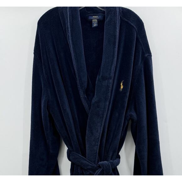 POLO Ralph Lauren Men s Terry Robe Sz L/XL Navy Blue Logo Pockets 48 Length - Picture 2 of 8